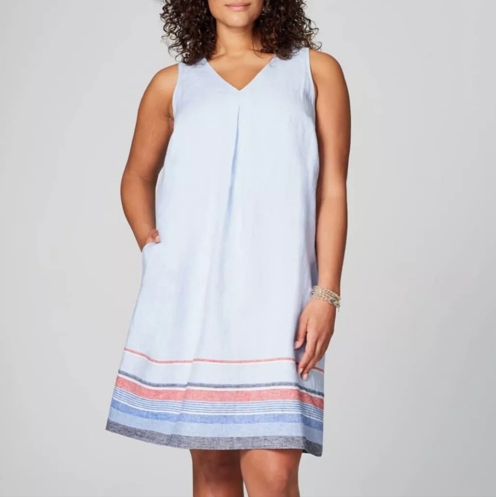 J.Jill Sleeveless Linen Light Blue Dress with Striped Hem